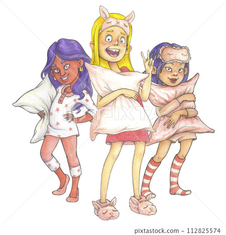 Cool cartoon young girls in pajamas, ready for pajama party or international pajama day - isolated hand-drawn composition for T-shirt design Cool cartoon young girls in pajamas, ready for pajama party or international pajama day - isolated hand-drawn composition for T-shirt design 112825574
