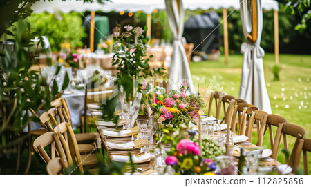 Wedding decoration in the cottage, floral country wedding decor, cake and event celebration, English countryside style 112825856