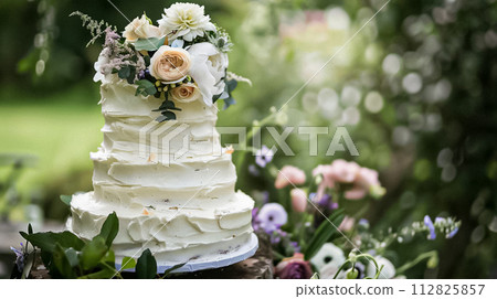 Wedding decoration in the cottage, floral country wedding decor, cake and event celebration, English countryside style 112825857