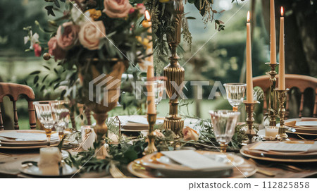 Wedding decoration in the cottage, floral country wedding decor, cake and event celebration, English countryside style 112825858