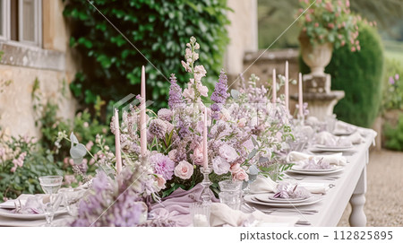 Wedding decor with lavender theme, floral decoration design and beautiful decor setting arrangement 112825895