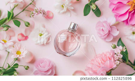Perfume bottle in flowers, fragrance on blooming background, floral scent and cosmetic product 112825896
