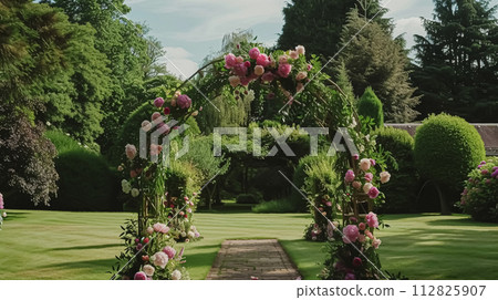 Wedding decoration with peonies, floral decor and event celebration, peony flowers and wedding ceremony in the garden, English country style 112825907