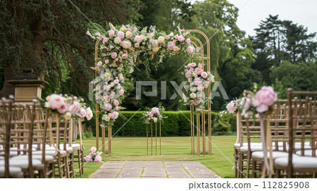 Wedding decoration with peonies, floral decor and event celebration, peony flowers and wedding ceremony in the garden, English country style Wedding decoration with peonies, floral decor and event celebration, peony flowers and wedding ceremony in the garden, English country style 112825908