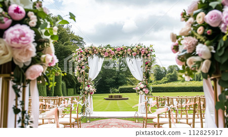 Wedding decoration with peonies, floral decor and event celebration, peony flowers and wedding ceremony in the garden, English country style Wedding decoration with peonies, floral decor and event celebration, peony flowers and wedding ceremony in the garden, English country style 112825917