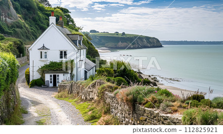 White coastal cottage in the English countryside style by the seaside 112825921