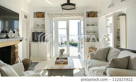 Coastal cottage sitting room, white living room interior design and country house home decor, sofa and lounge furniture, English countryside style 112825922