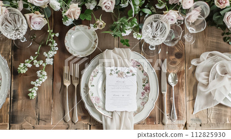 Wedding decoration in the cottage, floral country wedding decor, cake and event celebration, English countryside style 112825930