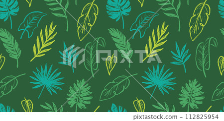 Tropical leaf seamless pattern background. Hand drawn crayon brush abstract green tropic leaves seamless pattern. Floral abstract hand drawn print background. Vector 112825954