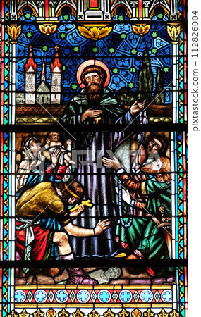 Stained glass window in Cathedral of St Nicholas in Novo Mesto, Slovenia 112826004