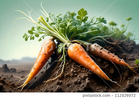 Long carrots in the remains of the soil, with green tops. 112826072