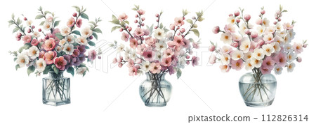 Material set of watercolor illustrations of plums in a glass vase Material set of watercolor illustrations of plums in a glass vase 112826314