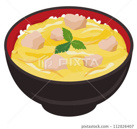 [Vector] An illustration of a classic oyakodon (chicken and egg rice bowl) with runny eggs and juicy chicken that looks delicious (single image) 112826407