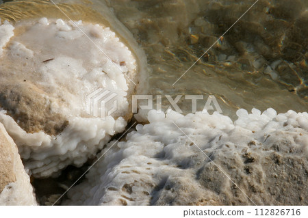 Crystallized salt rocks along the shores of the Dead Sea, Israel 112826716