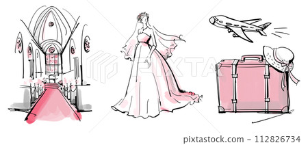 教堂、婚紗、草帽、手提箱、手提包、飛機、旅行、蜜月 112826734