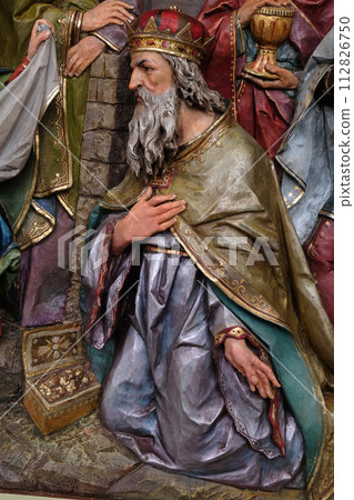 Melchior biblical Magi, Adoration of the Magi, Nativity Scene, altarpiece in the church of Saint Matthew in Stitar, Croatia Melchior biblical Magi, Adoration of the Magi, Nativity Scene, altarpiece in the church of Saint Matthew in Stitar, Croatia 112826750