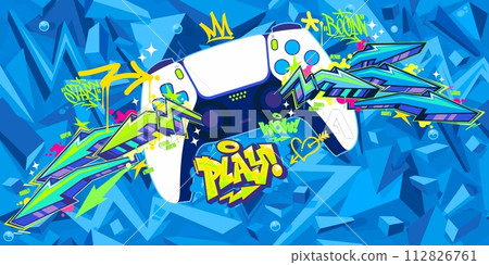 Trendy Abstract Joystick Or Gamepad Hip Hop Graffiti Street Art Urban Gaming Style Vector Banner 112826761