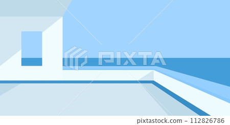 Trendy Minimalistic Absract Flat Style Terrace Sea Or Ocean Vector Landscape Illustration Background 112826786