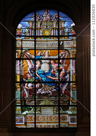 Assumption of the Virgin Mary, stained glass windows in the Saint Laurent Church, Paris, France Assumption of the Virgin Mary, stained glass windows in the Saint Laurent Church, Paris, France 112826830