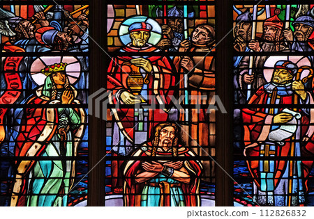 Baptism of Clovis, stained glass windows in the Saint Laurent Church, Paris, France Baptism of Clovis, stained glass windows in the Saint Laurent Church, Paris, France 112826832