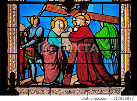 6th Stations of the Cross, Veronica wipes the face of Jesus, stained glass windows in the Saint Eugene - Saint Cecilia Church, Paris, France 112826856