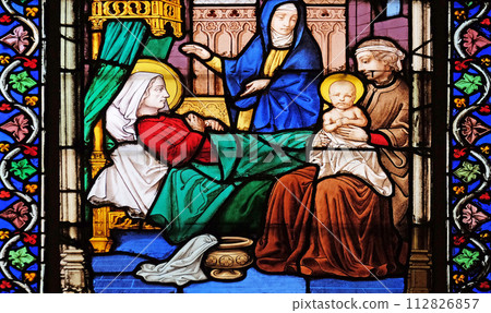 Birth of the Virgin Mary stained glass windows in the Saint Eugene - Saint Cecilia Church, Paris, France 112826857