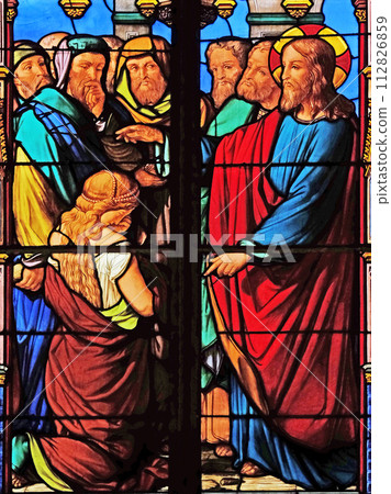 Forgiveness to the adulterous woman, stained glass windows in the Saint Eugene - Saint Cecilia Church, Paris, France 112826859