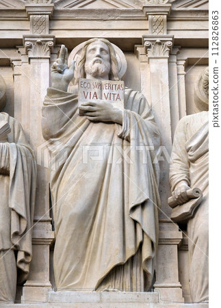 Jesus Christ, statue on the facade of Saint Augustine church in Paris, France 112826863