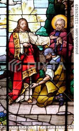Jesus and the centurion. Lord, I am not worthy to have you come under my roof..., stained glass window in the Basilica of the Sacred Heart of Jesus in Zagreb, Croatia Jesus and the centurion. Lord, I am not worthy to have you come under my roof..., stained glass window in the Basilica of the Sacred Heart of Jesus in Zagreb, Croatia 112826929
