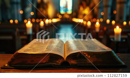 Open holy bible book with glowing lights in church 112827159