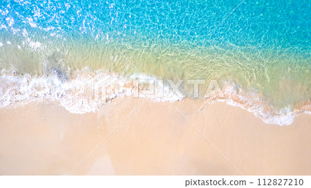 High angle view of the sea and sandy beach on the island, beautiful blue water. 112827210