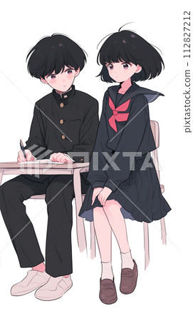 日本學生、穿著制服的男女、學習場景的插圖 112827212