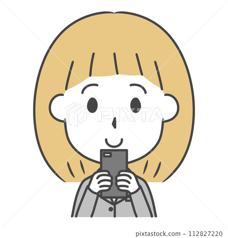 Illustration of a woman in a suit looking at a smartphone Illustration of a woman in a suit looking at a smartphone 112827220