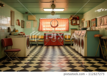 View inside a laundromat room with vintage decor and washing machines. 112827273