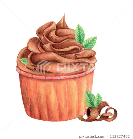 Cupcake muffin cream watercolor drawing sweets. Chocolate roll mint leaf spiral cake. Bakery tasty dessert illustration. Birthday confection decoration whipped. Aquarelle isolated white background 112827462