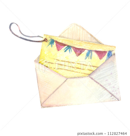 Card invitation greeting envelope watercolor drawing. Party postcard note paper decoration. Festival open mail write correspondence. Isolated white background. Aquarelle New Year Easter Christmas post Card invitation greeting envelope watercolor drawing. Party postcard note paper decoration. Festival open mail write correspondence. Isolated white background. Aquarelle New Year Easter Christmas post 112827464