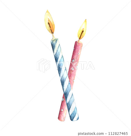 Candle birthday cake watercolor drawing. Anniversary holiday celebration fire blue pink stripe. Decoration isolated white background. Aquarelle party greeting funny. Year wedding burn light flame xmas Candle birthday cake watercolor drawing. Anniversary holiday celebration fire blue pink stripe. Decoration isolated white background. Aquarelle party greeting funny. Year wedding burn light flame xmas 112827465