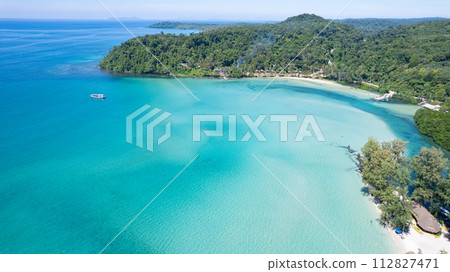 High aerial view of azure waters, white sandy beaches and rich forest nature on Koh Kood in Thailand.soft focus High aerial view of azure waters, white sandy beaches and rich forest nature on Koh Kood in Thailand.soft focus 112827471