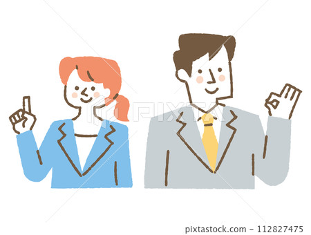 Men and women wearing suits and making hand signs_color 112827475