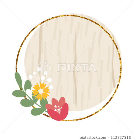 Wooden circle sign element with flowers. Vector wood board, frame, badge, label, shield, signboard collection. Brown background for your text. Vector illustration. 112827518
