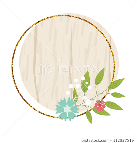 Wooden circle sign element with flowers. Vector wood board, frame, badge, label, shield, signboard collection. Brown background for your text. Vector illustration. 112827519