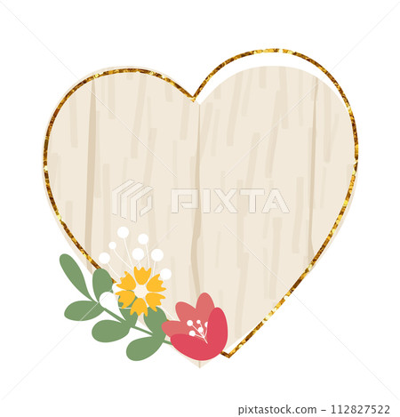 Wooden heart sign element with flowers. Vector wood board, frame, badge, label, shield, signboard collection. Brown background for your text. Vector illustration. 112827522