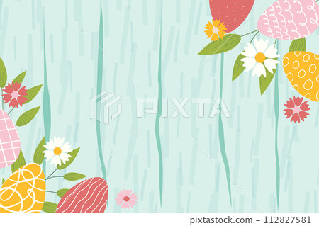 Easter background for banner, template. Trendy Easter design with flowers, basket of easter eggs, in pastel colors with texture on wooden background. Flat vector illustration. Easter background for banner, template. Trendy Easter design with flowers, basket of easter eggs, in pastel colors with texture on wooden background. Flat vector illustration. 112827581