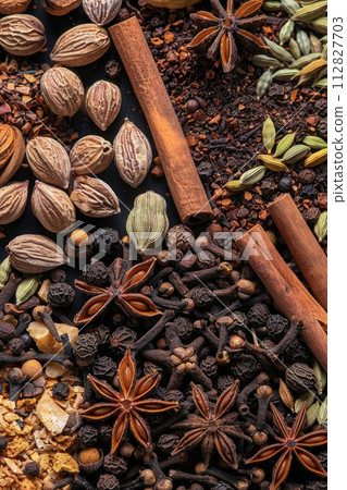Variety of Indian spices and herbs. Top view 112827703