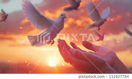 Hand releasing a white dove into the sky during sunset, symbolizing peace and freedom 112827784