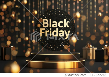 Black Friday banner background with a podium platform, black and gold stuff on a dark scene for product stand 112827785