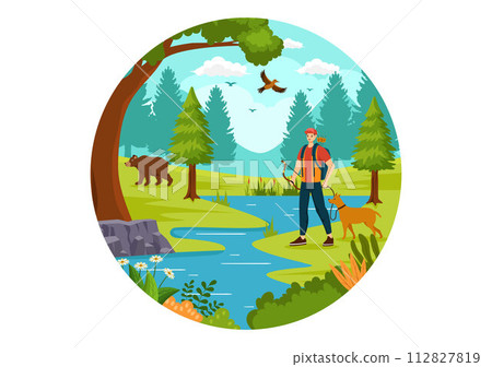Hunting Vector Illustration with Hunter Rifle or Weapon for Shooting to Birds or Wild Animals in the forest on Flat Cartoon Background Design 112827819