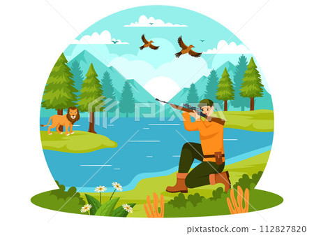 Hunting Vector Illustration with Hunter Rifle or Weapon for Shooting to Birds or Wild Animals in the forest on Flat Cartoon Background Design 112827820