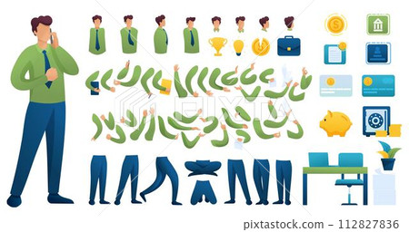Constructor for creating a Businessman N 3. Create your own Businessman character with a Set of hands and feet. Flat 2D vector illustration 112827836