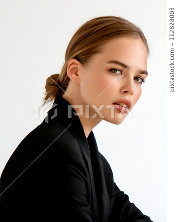 Fashionable girl in black classic suit in studio Fashionable girl in black classic suit in studio 112828003